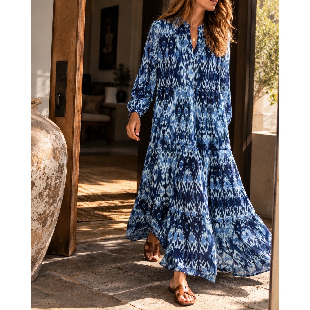 NWT Ro's Garden Tyla Long Cotton Tiered Ikat Boho Maxi Dress Blue M